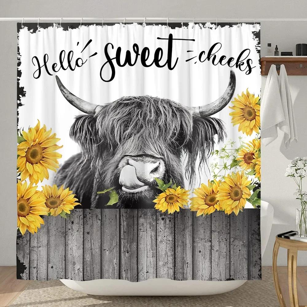 Funny Farmhouse Highland Cow Shower Curtain Vintage Western Bull Cattle Rustic Country Shower Curtains Funny Animals Bath Decor