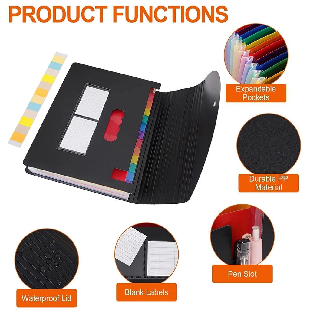 Dosar extensibil cu 12 buzunare, organizator de fișiere tip acordeon pentru birou, negru, cu capac extensibil (Dimensiunea 4/papetărie)