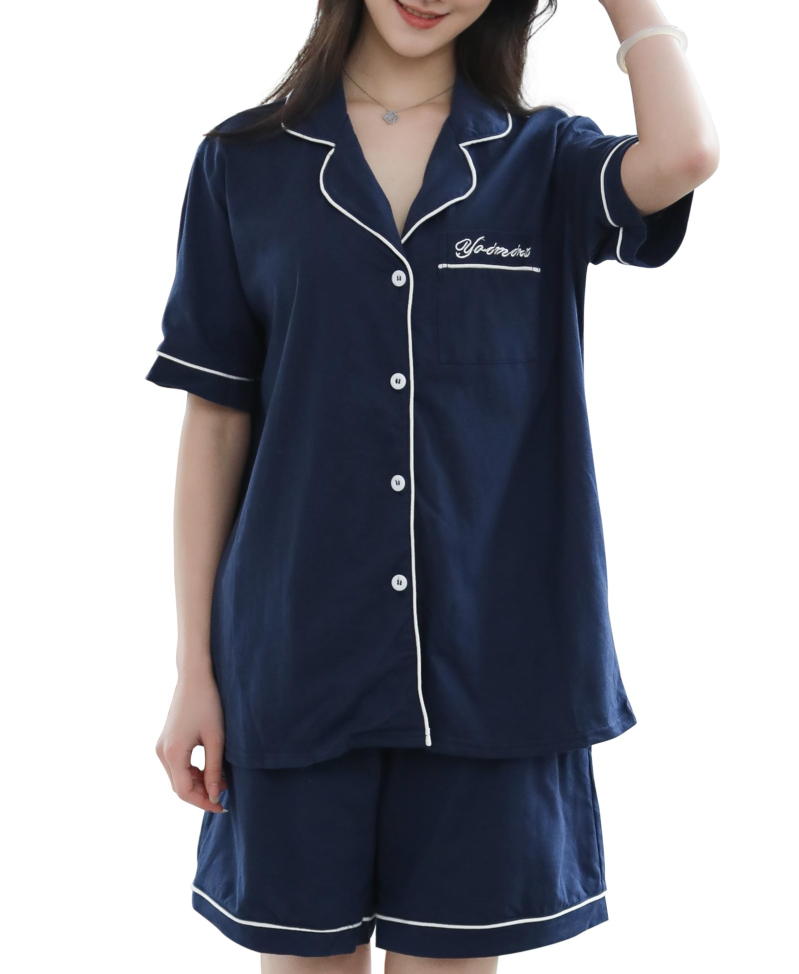 

Yoimira Summer Loungewear Short Sleeve Top and Bottom Stylish Navy Women s Set, Open-Front Pajamas, Cotton,