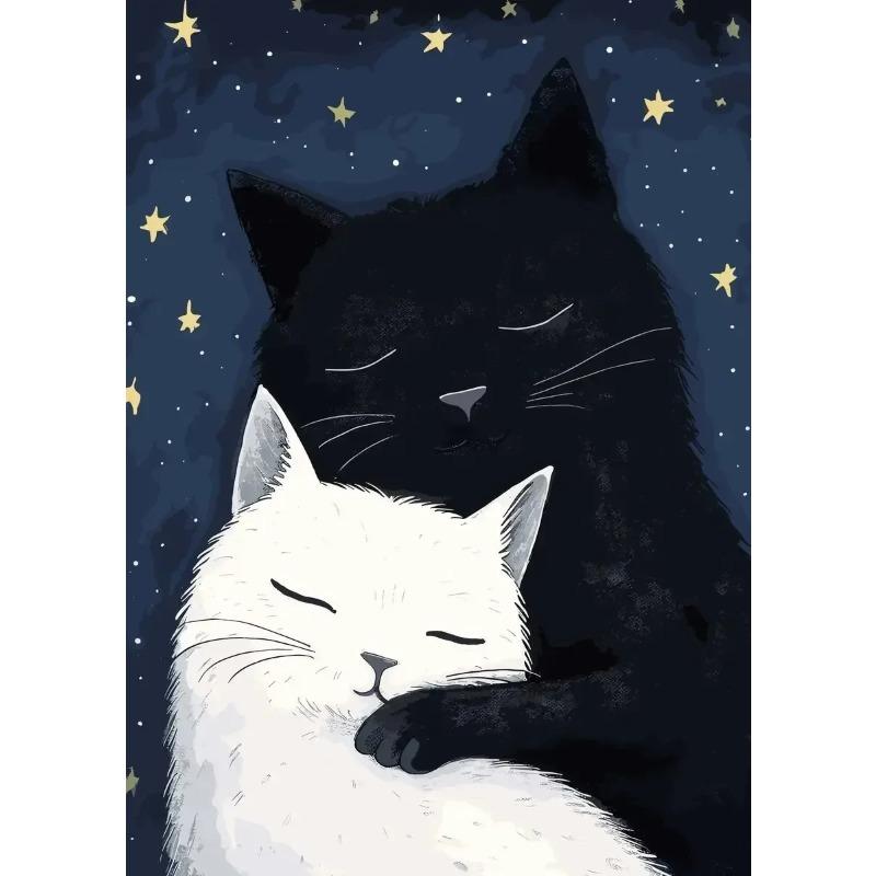 

Lovely Black and White Cats Embrace Under The Moon Wall Art Print Canvas Painting Posters for Living Room Modern Home Decor 21X30CMNo Framed