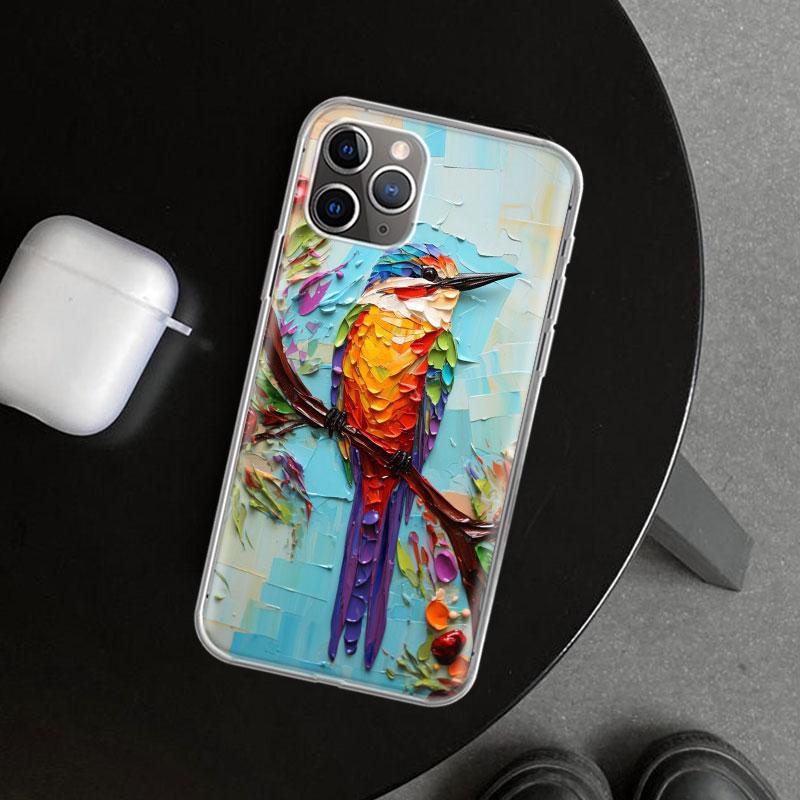 Animal Oil Painting Bird Phone Case Cover for iPhone 11 12 13 Mini 14 15 Plus 16 Pro Max 17 Air 7 8 + SE Art Customized Fundas 1