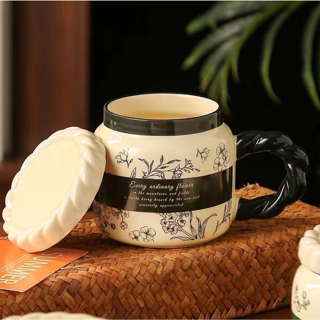 Retro Ceramic Cup with Lid Mug Souvenir Gift Cup National Trend Ins Flower Water Cup Girls Household Cup
