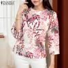 ZANZEA Women Casual Round Neck 3/4 Sleeve Loose Print Blouse
