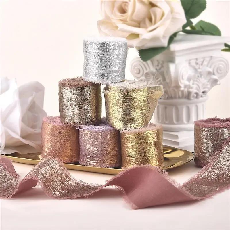 Handgefertigtes Ausgefranstes Kanten Goldenes Seidenband Stoffband Für Hochzeitseinladung Verpackung Sträuße Geburtstagsfeier Dekorationen Geschenke