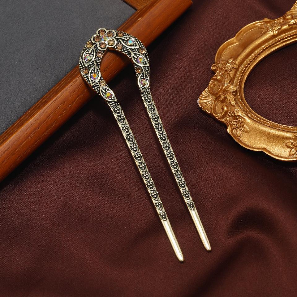 Peach Blossom Retro U-Shaped Rhinestone Hairpin - Classical Hanfu Hair Accessory