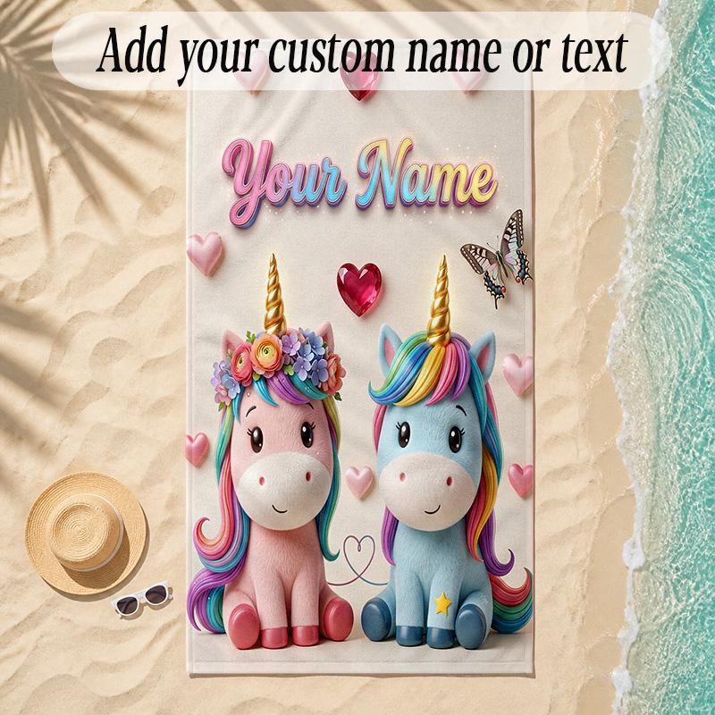 Unicorn Theme Soft Beach Towel Personalized Custom Name Text Towel Portable for Beach Pool Travel