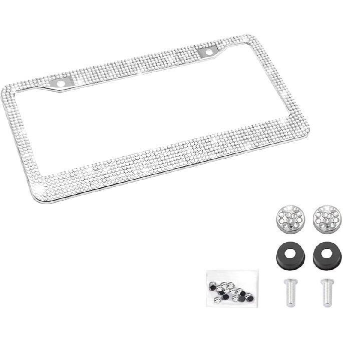 Bling Car License Plate Frame, Handcrafted Crystal Stainless Steel License Plate Frame, Sparkly, Durable, Universal Fit, Car Accessories For Girls,