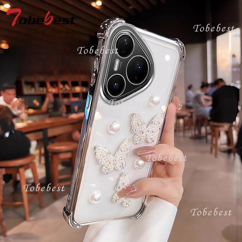 3D Pearl Butterfly Shockproof Plating Silicone Case for Huawei Pura 80 70 Ultra P60 P50 P40 P30 Lite Pro Transparent Back Cover