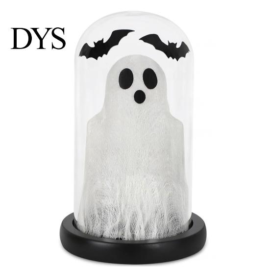 Tabletop Halloween Decor Light Up Ghost In Dome Cloche, Cute Night Wireless Ambient Lighting with Bats for Home Kitchen Mantel Holiday Party Creative