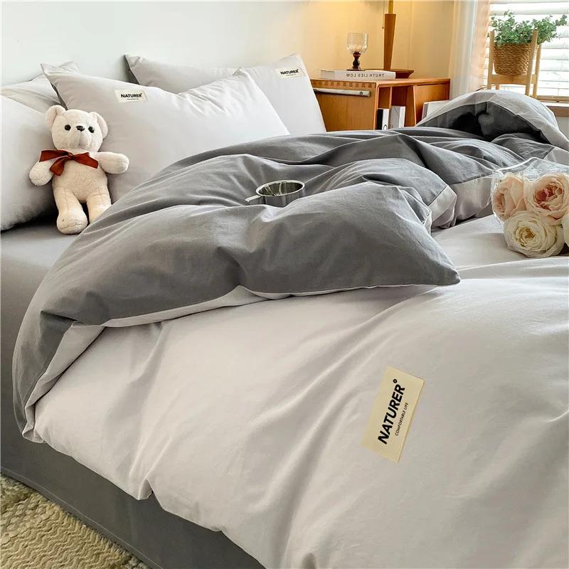 New Pure Cotton Labeled Bedding Set Simple Solid Double-Sided Color Quilt Cover Sets Soft Cozy Breathable Textile Supplies