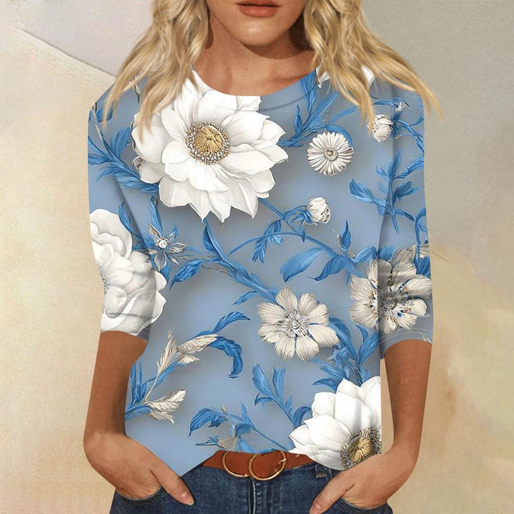 Damenmode Lässiges T-Shirt mit Rundhalsausschnitt und Dreiviertelärmeln und Aufdruck