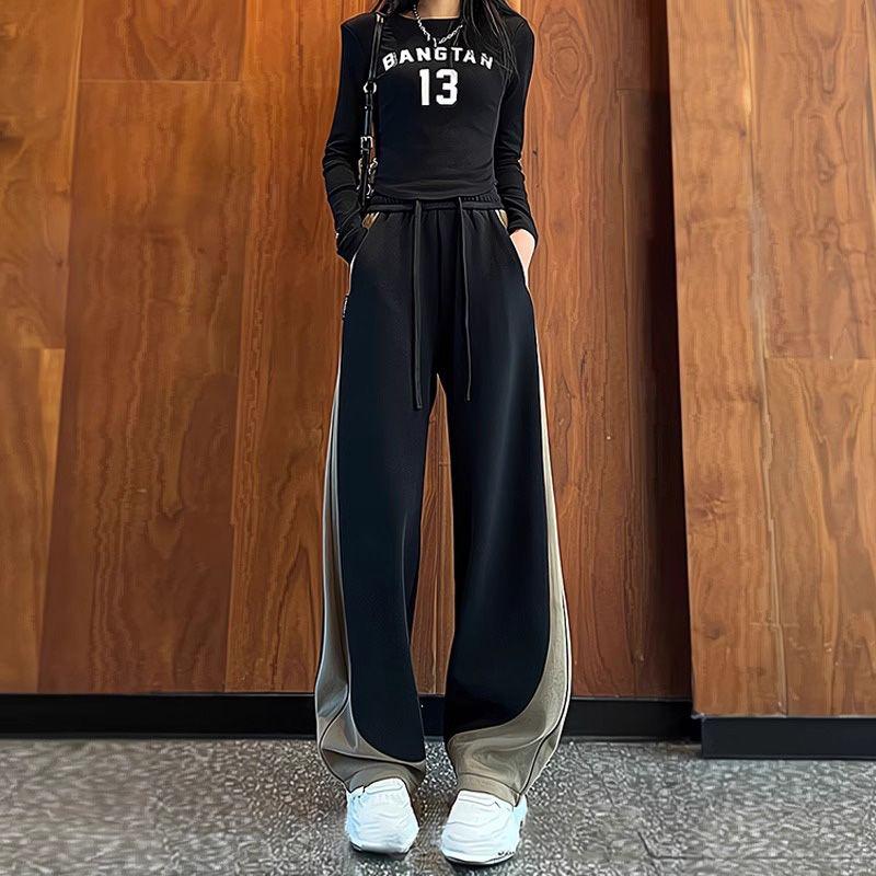Autumn-Winter American-Style Plus-Fleece Wide-Leg Joggers for Women Color-Block Banana Long Pants In Casual Loose Fit
