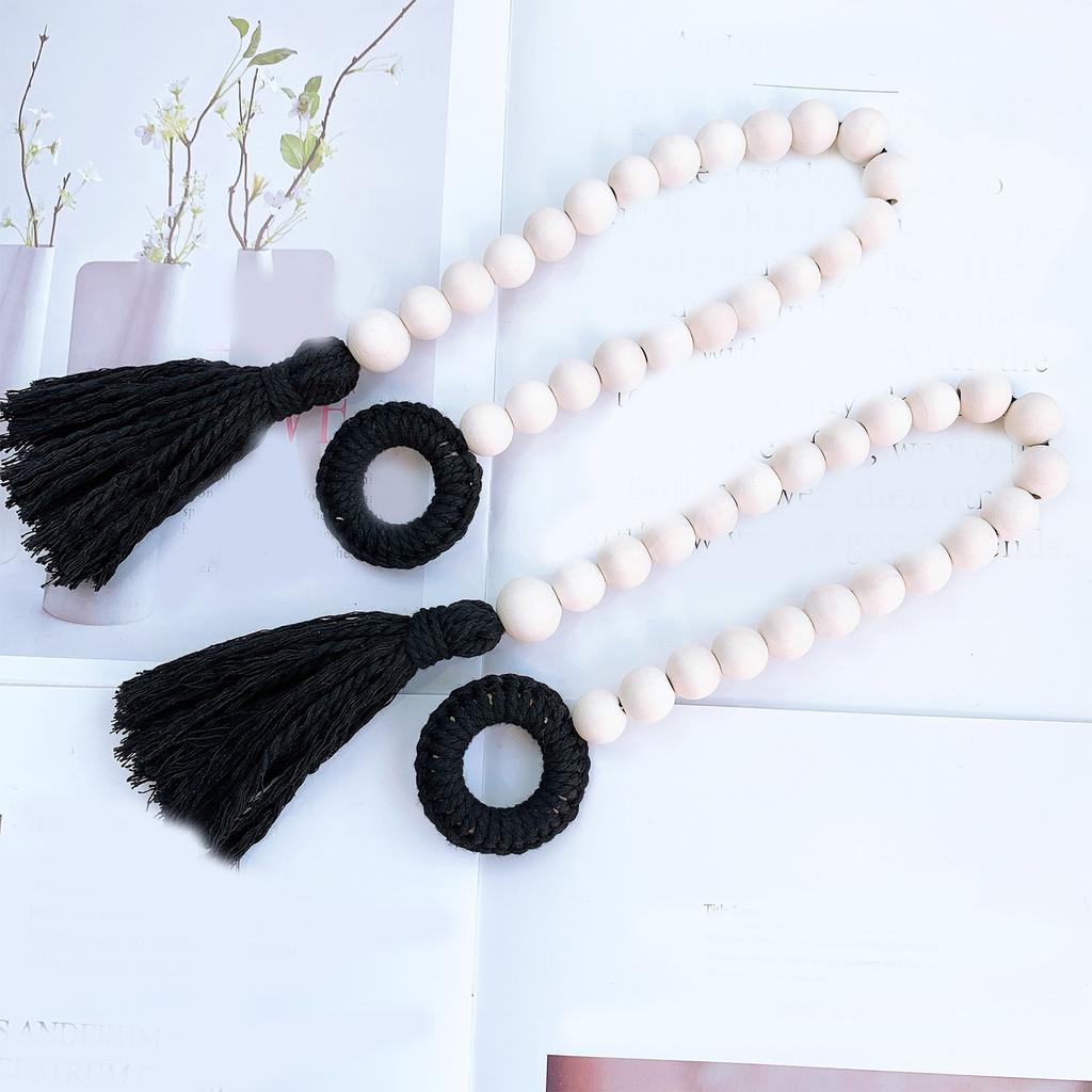 2Pieces Natural Wood Beads and Tassels Curtain Tiebacks for Home Styling Window Drapery Cotton Rope Holdbacks Ties