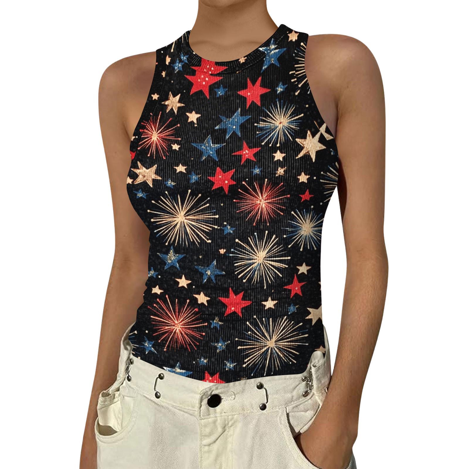 Women s Fashion Round Neck Independence Day Print Sleeveless Vest Top L чёрный