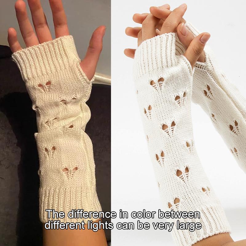 1Pair Fingerless Gloves Half-Finger Hollow Heart Soft Flexible Wool Warm Solid Color Knitted Cold-proof