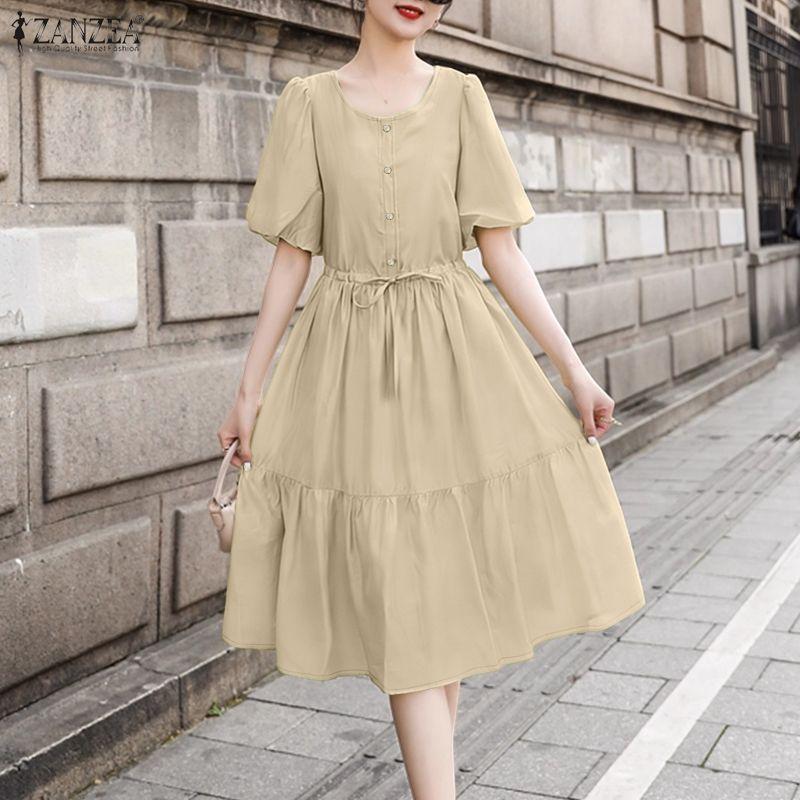 ZANZEA Women Casual Round Neck Solid Color Short Sleeve Dress
