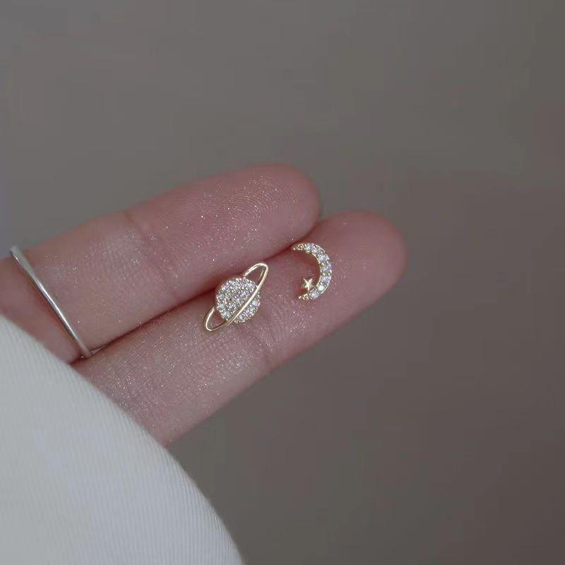 Simple Piercing Stud Earrings for Women Star Moon Zircon Silver Color Needles Tragus Cartilage Asymmetry Pendiente Fine Jewelry