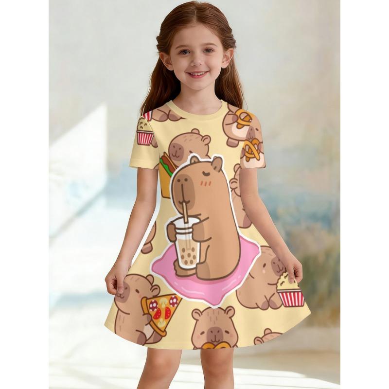 Mädchen 3D Rundhals A-Linien Kleid, gelb-braune Farbblockierung, durchgehend süßer Capybara-Aufdruck, perfekt für Partys und Geburtstagsgeschenke.