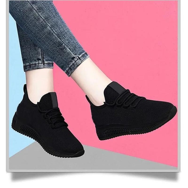 Spring And Autumn Fashionable Solid Color Breathable Round Toe Sneakers Casual And Comfortable Thick-Soled Women'S Shoes