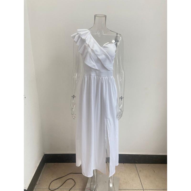 Summer Sleeveless Off-the-shoulder Ruffled Hem Split Dress Women's Holiday Party Party Women's Long Skirt Elegant, Generous and Simple