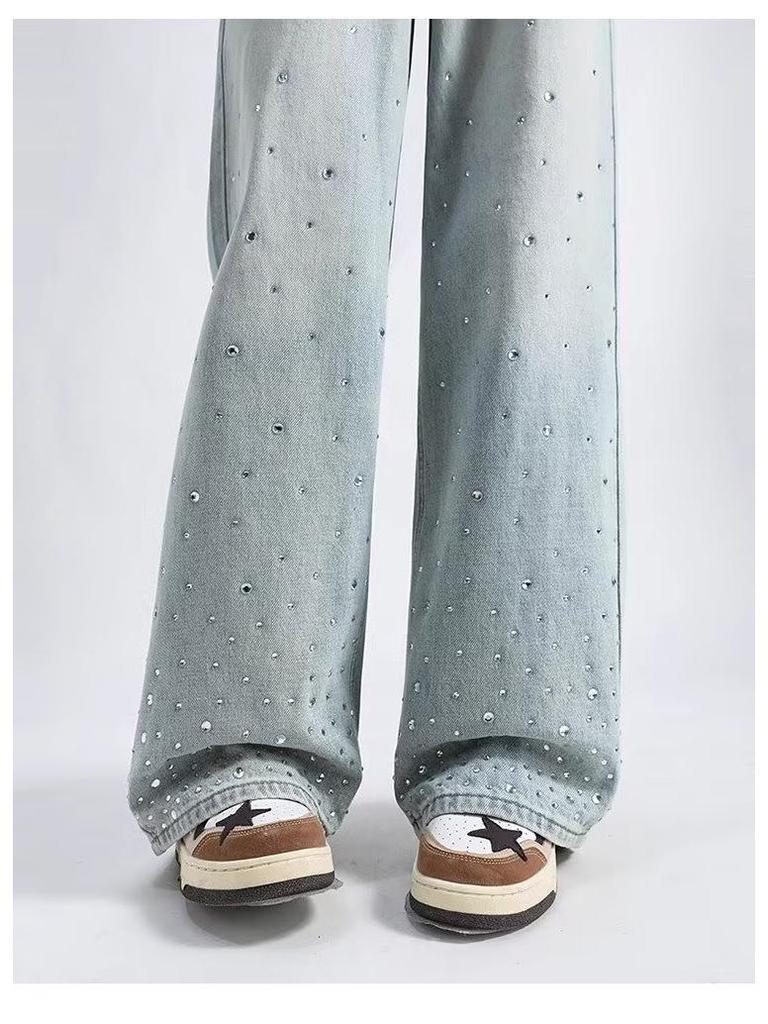 Spring & Autumn 2025 Women's High-Waisted Light Wide-Leg Jeans: Trendy Versatile Slimming Straight-Leg with Hot Drill Design.