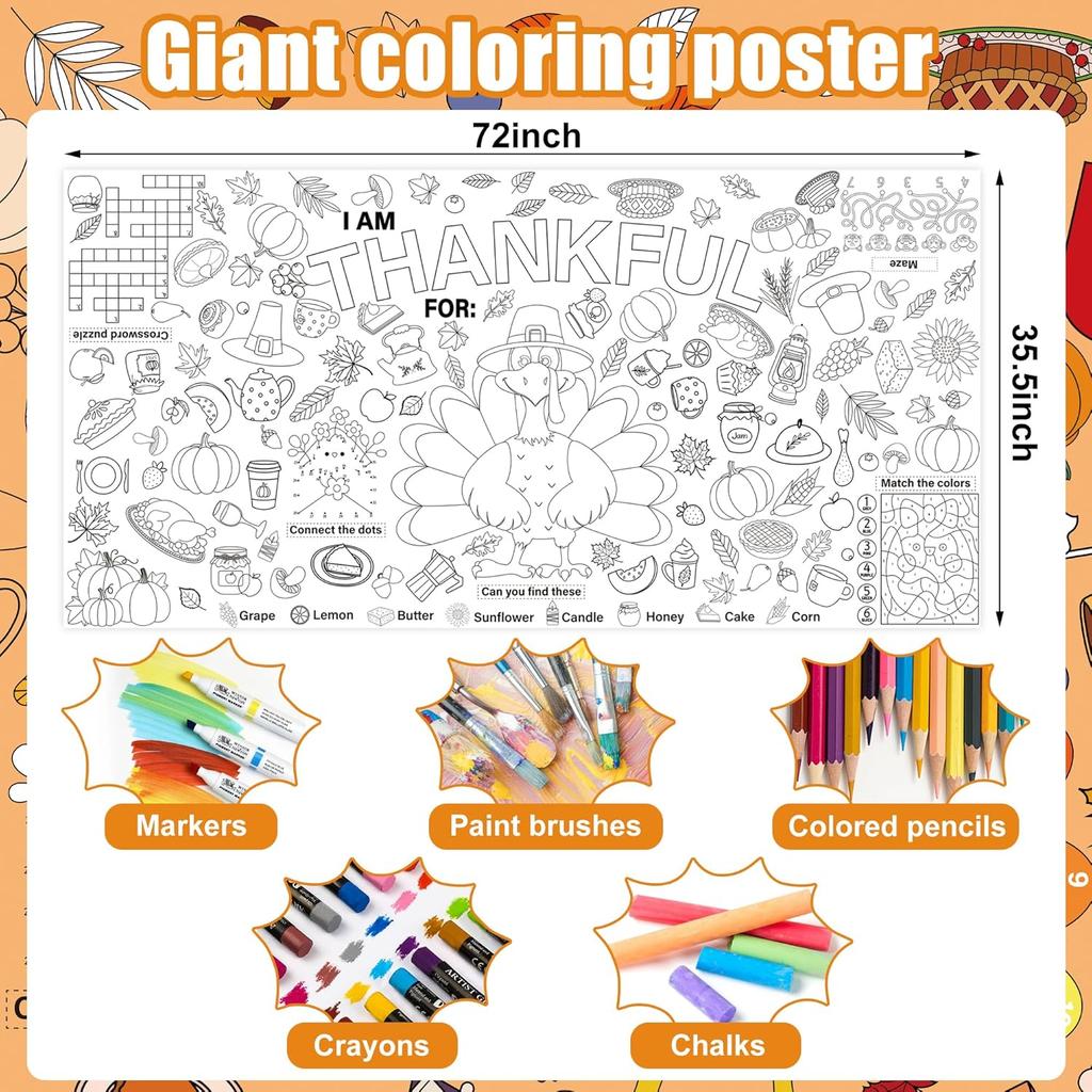 Thanksgiving Giant Coloring Poster Tablecloth 72 x 35.5 Inch Giant Drawing Paper Crafts for kids Turkey Themed Coloring Poster Thanksgiving Paper