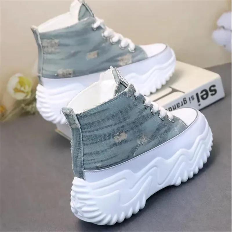 Fashion Fashion Women Chunky Platform Motorcycle Boots Lace Up Thick Bottom Shoes Woman Autumn  Ankle Boots Denim canvas shoes