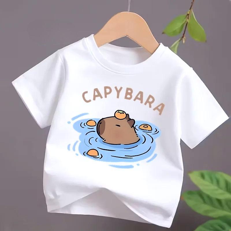 4 To14Y Girls Casual Capybara Print Short Sleeve T-Shirt 2026 New Cute Spring Summer Y2k Children's Crew Neck Tee Tops