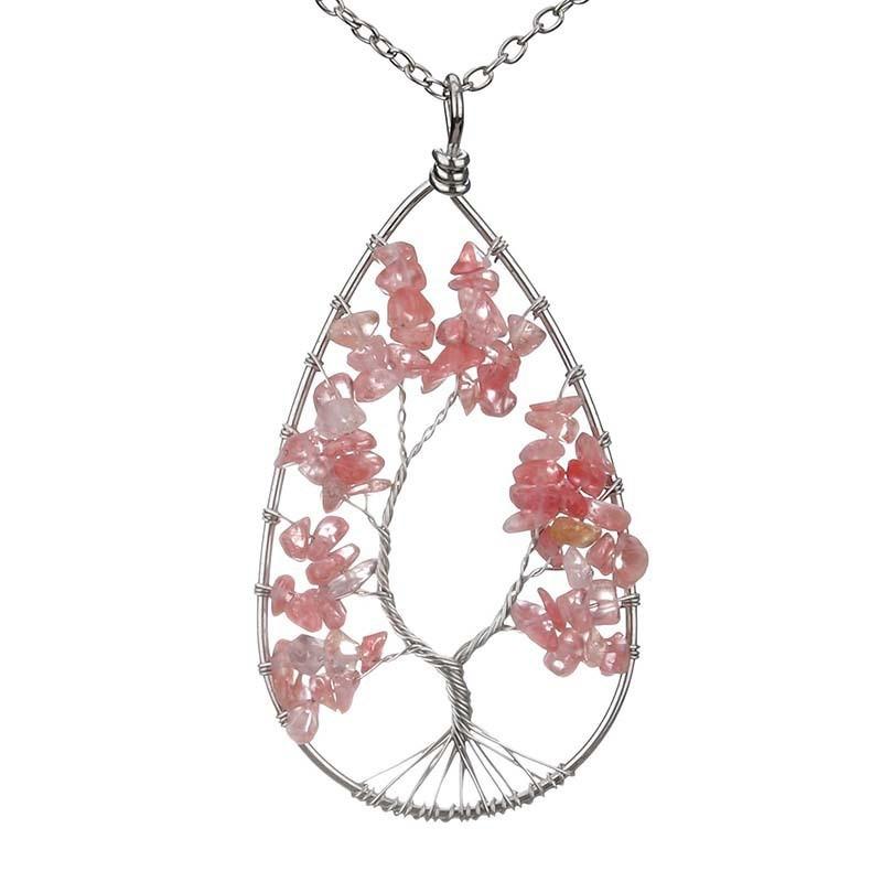 Handmade Winding Silver Natural Stone Crystal Water Drop Shaped Tree Of Life Necklace Colorful Stone Pendant Necklace N30