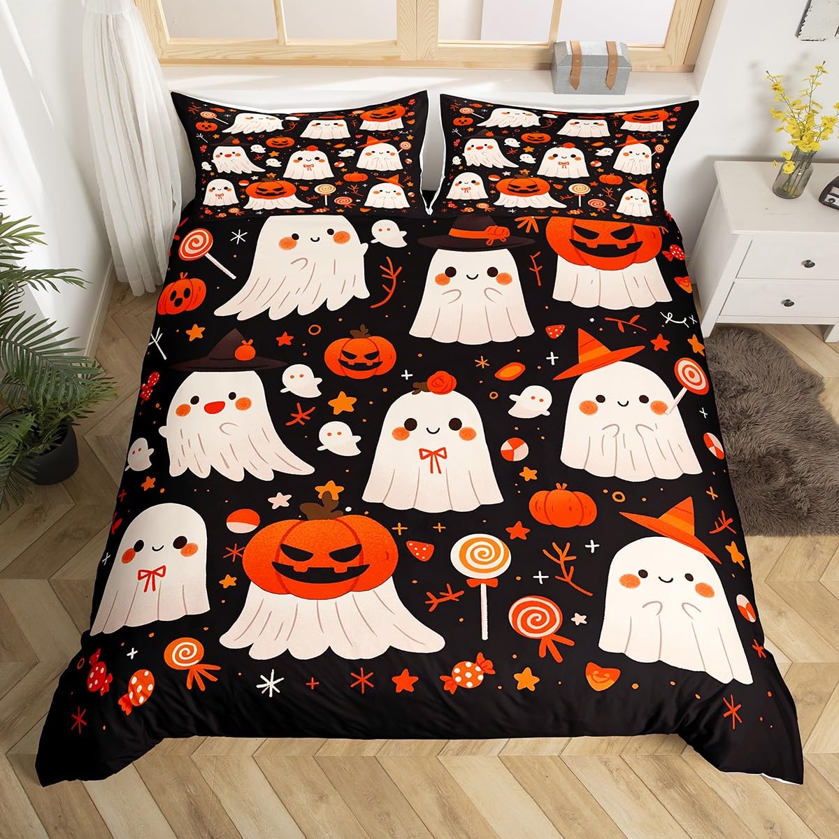 

Забавный Призрак Мягкий Комплект Пододеяльника Мультяшный Очаровательный Прекрасный Фонарь-Тыква Комплекты Постельного Белья Полный Размер, Готический Колпак Ведьмы Теплый Чехол для Одеяла Звездный Комплект Постельного Белья 100*200cm Single
