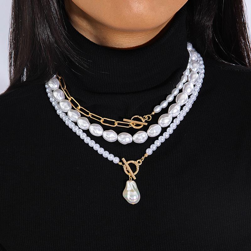 Fashion OT Buckle Imitation Pearl Multi-layer Necklace Light Luxury High-end Sense Beaded Collarbone Chain Necklace Women