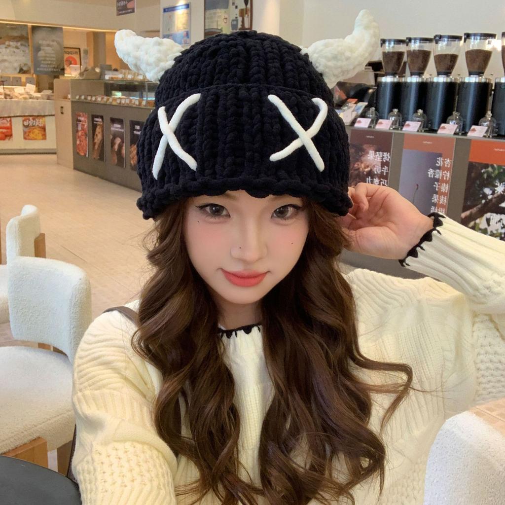 Little Devil Funny Horn Knitted Hat Female Yabifeng Halloween Headhat Autumn and Winter Warm Handmade Wool Hat
