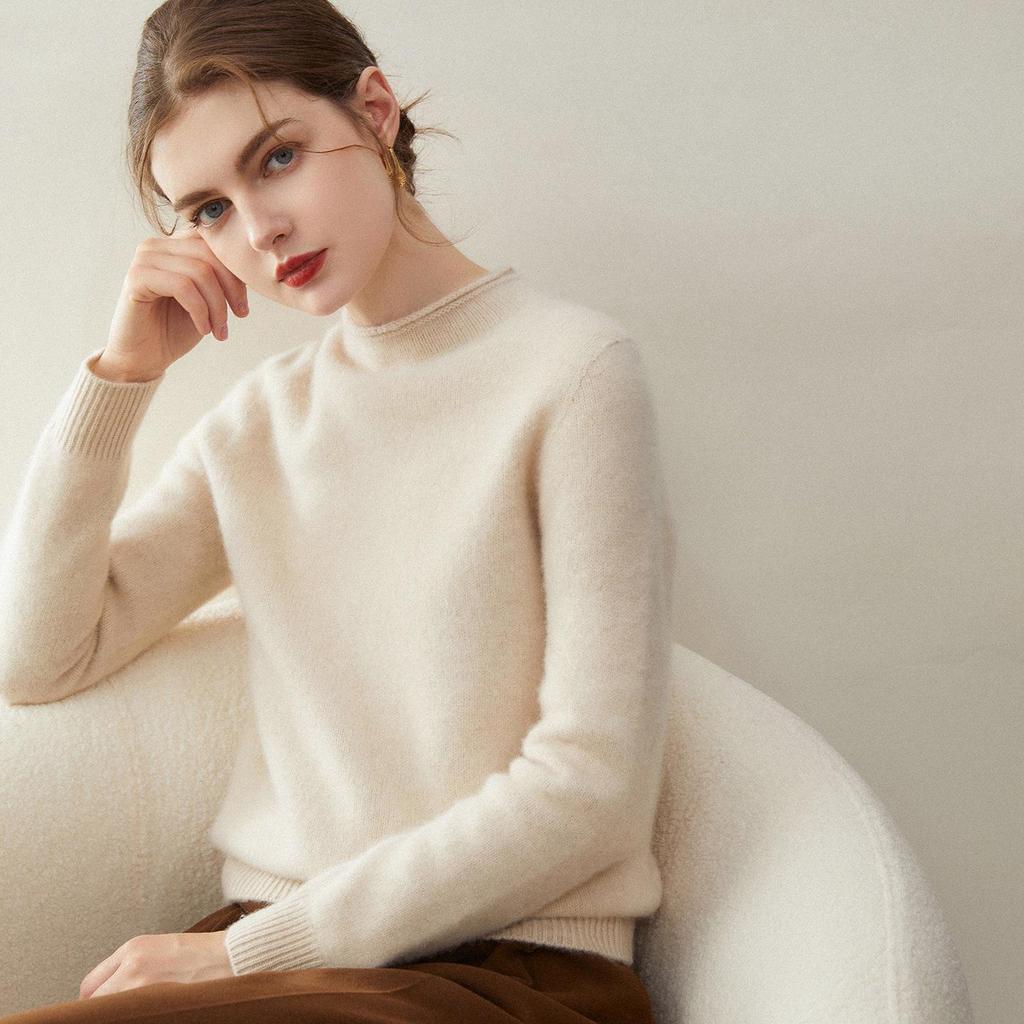 Women's Pure Cashmere Loose Fit Turtleneck Sweater with Rolled Hem