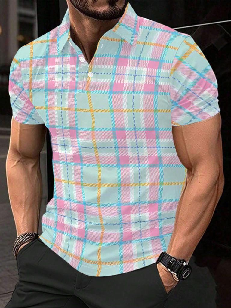 Men's Short-Sleeve Polo Shirt with Pink & Blue Plaid Lapel Collar - Button-Up Button- Collar Suitable for Dates, Beach Vacations, Summer Casual Wear -
