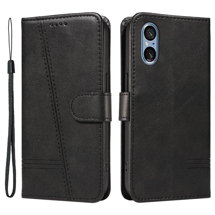 

For Sony Xperia 10 VI Case PU Leather Wallet Lines Imprint Phone Cover - Black