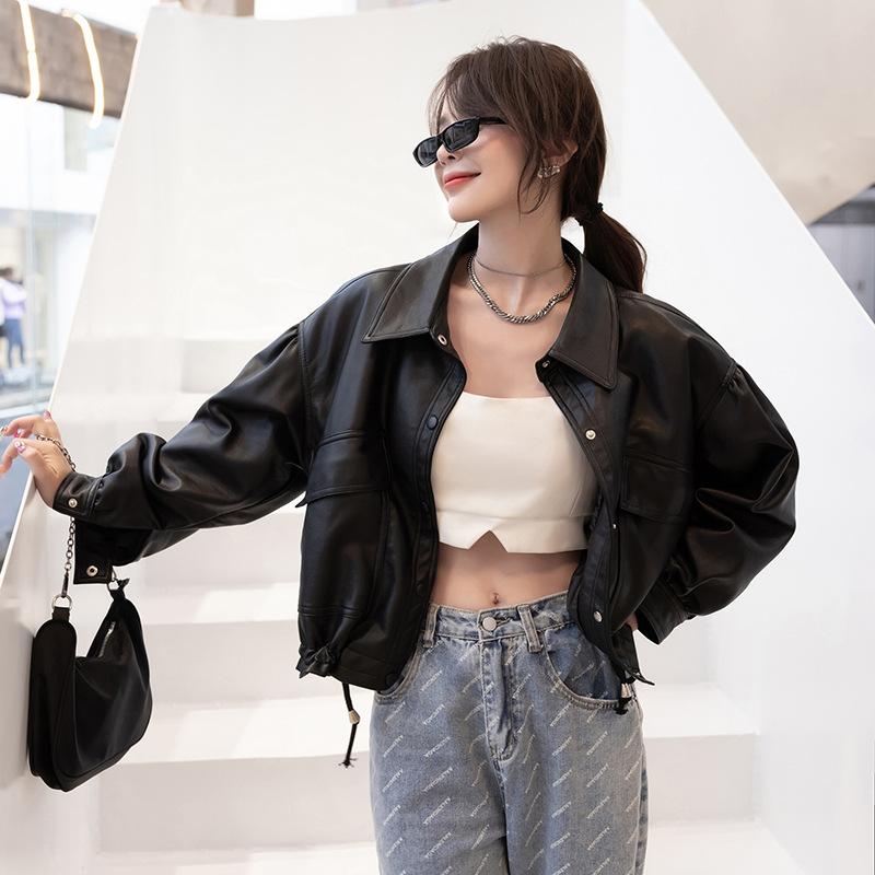 Jachetă de piele stil nou de primăvară și toamnă pentru femei, scurtă, largă, stil Hong Kong, jachetă de piele de motociclist, top din piele PU spălată, iarnă