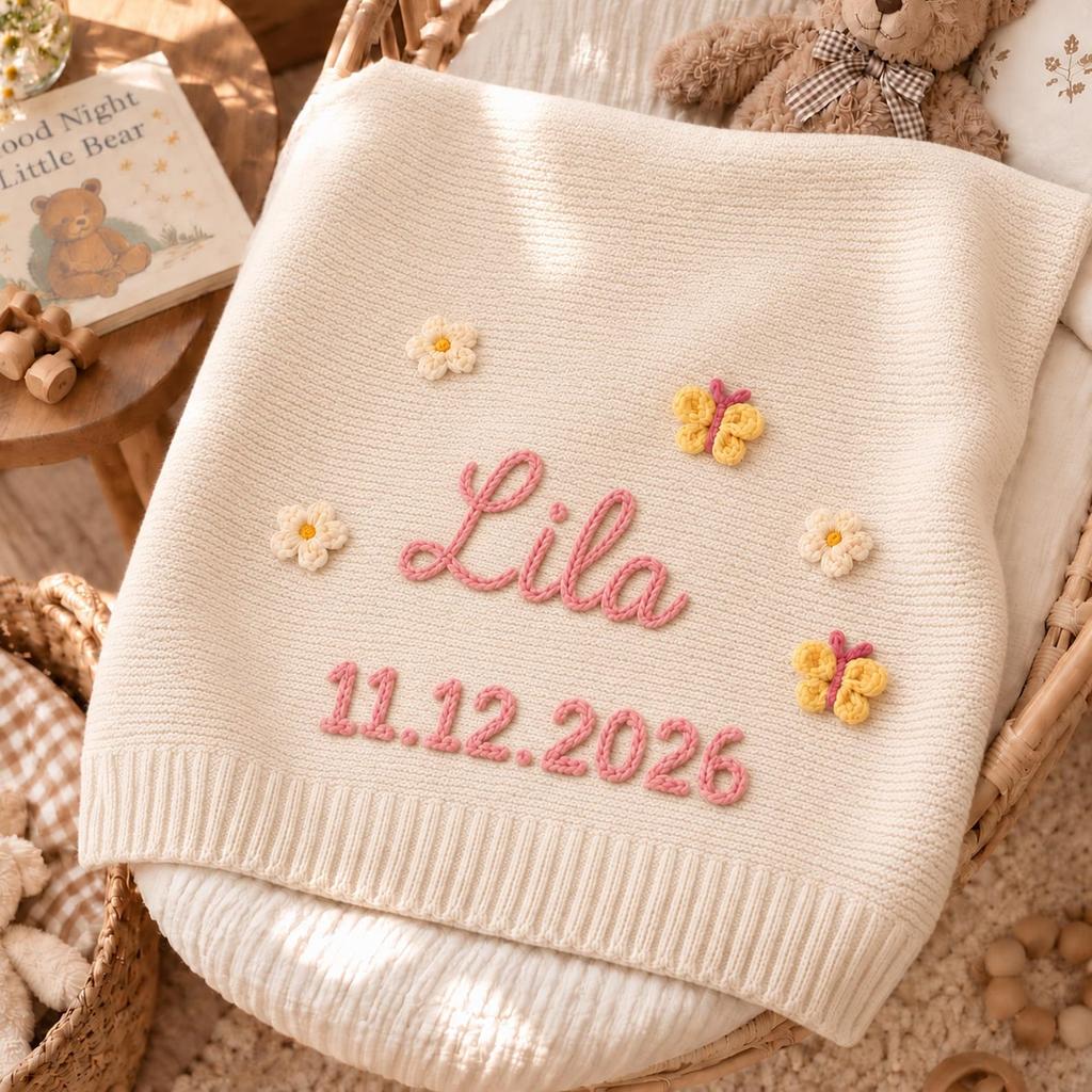 Personalized Baby Blanket, Custom Name Cotton Knit Blanket With Birth Date, Embroidered Newborn Blanket, Baby Shower Gift, Nursery Keepsake