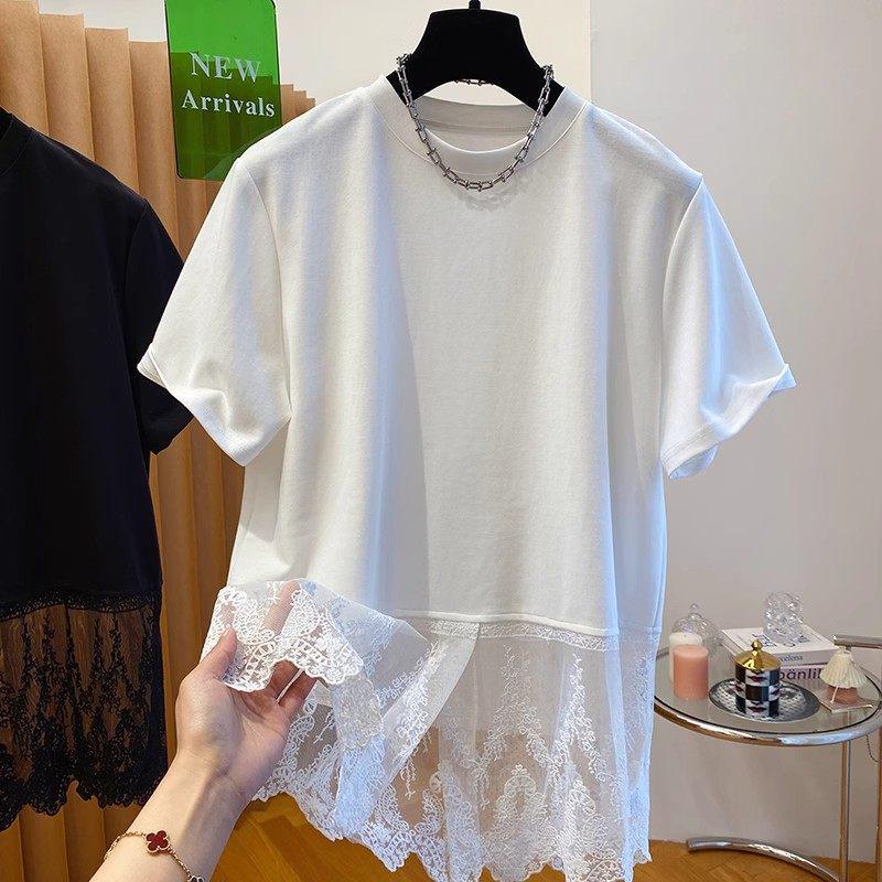 2026 Summer Women s Lace Hem Patchwork Loose T-shirt - Short Sleeve Slimming Design XL белый