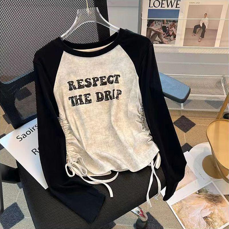 

Women s Plus Size Patchwork Long Sleeve T-shirt with Drawstring – Autumn Korean Style, Loose Fit, Slimming Base Layer 2XL чорний