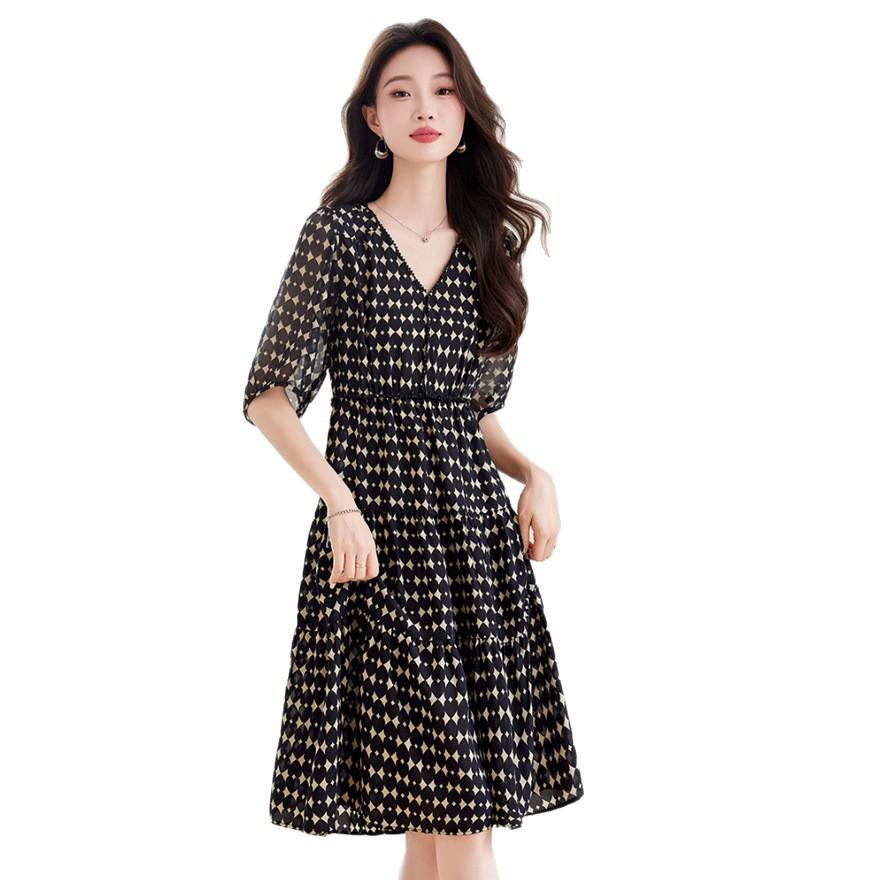 Summer new temperament elegant waist thin skirt floral medium and long dress women
