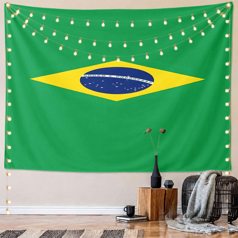 Brazil Flag Design with Green Background Pattern Wall Hanging Tapestry Decorative Tapestry Home Decor for Bedroom and Living Room