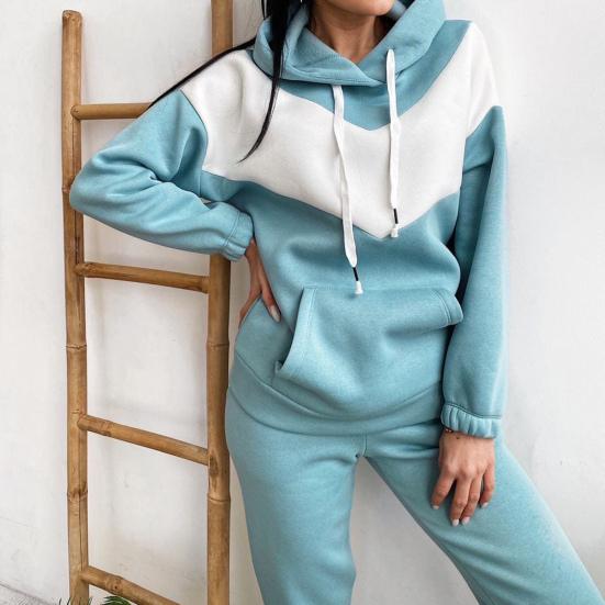 1 Set Hoodie Pants Set Hooded Drawstring Women Contrast Color Sweatshirt Pockets Pants for Sports
