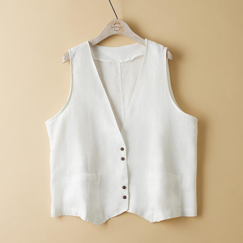 2025 Summer Women's Solid Color Sleeveless Cotton Linen V-Neck Vest