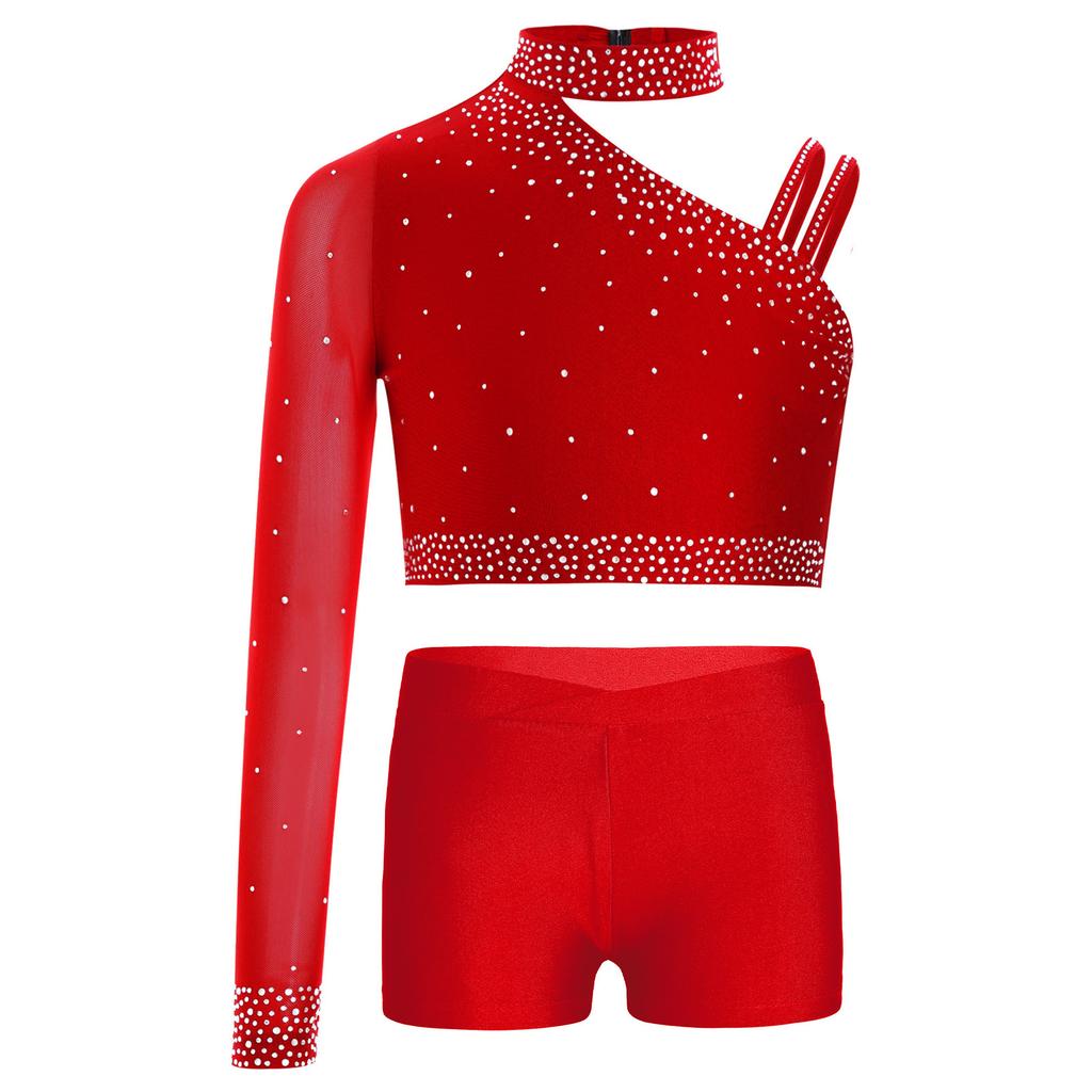 Girls Dance Performance Top Sparkly Rhinestone Irregular Shoulder Crop Top V Front Waistband Shorts