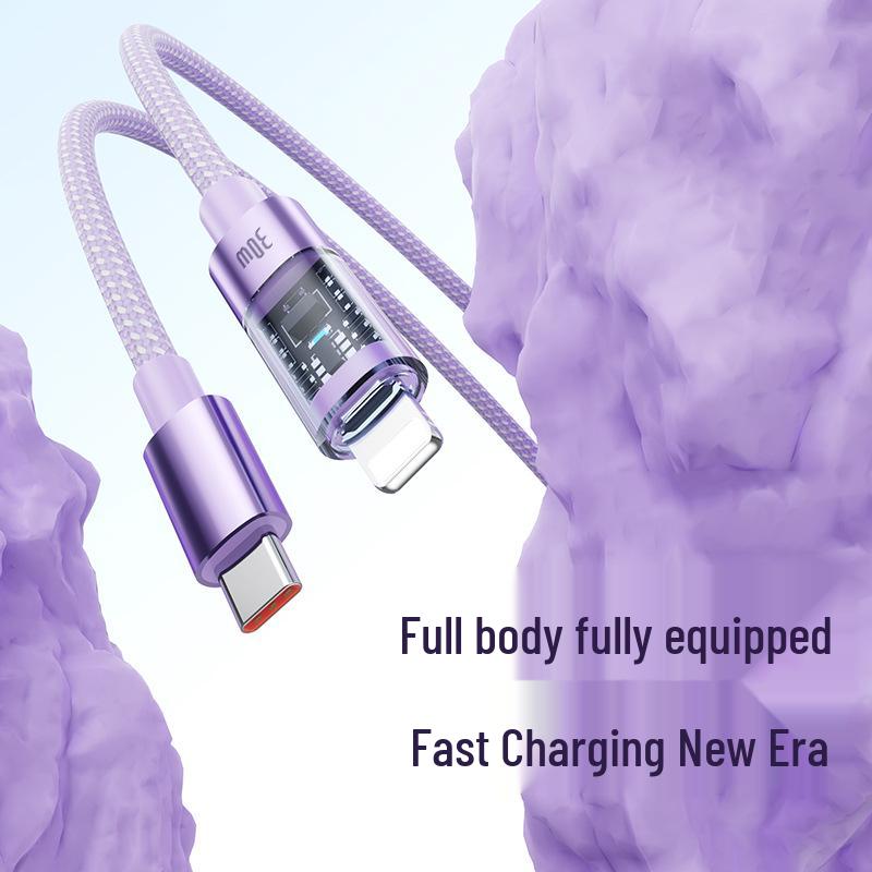PD30W Macaron Braided Lightning Charging Cable for Apple 114 - Transparent with Flashing Light 1.2m