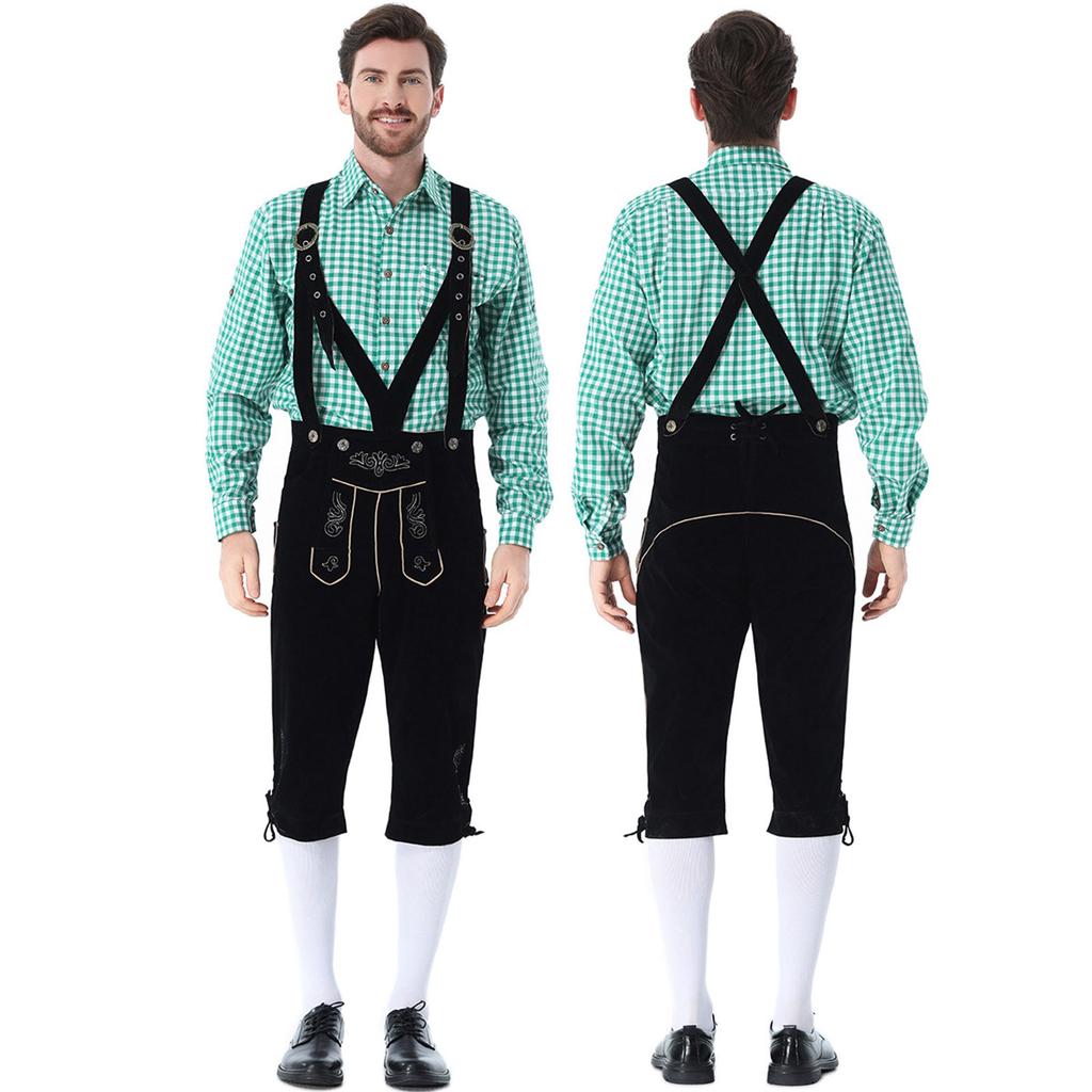 Men's German Bavarian Oktoberfest Costume Set Long Sleeve Plaid Shirt with Suspenders Pants, 2-Piece Outfit