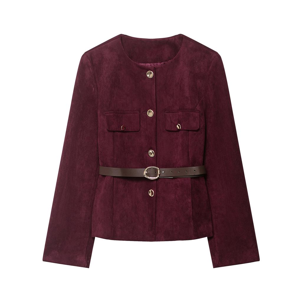 Women's Fashion Belt Suede Solid Color Suit Long-Sleeved Jacket