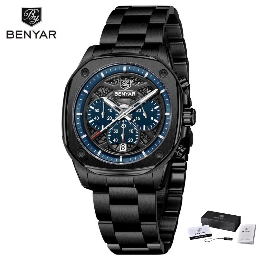 BENYAR Fashion Men Quartz Watch Stainless Steel Strap Retro Sports Watches For Man Calendar Luminous Waterproof Reloj Hombre