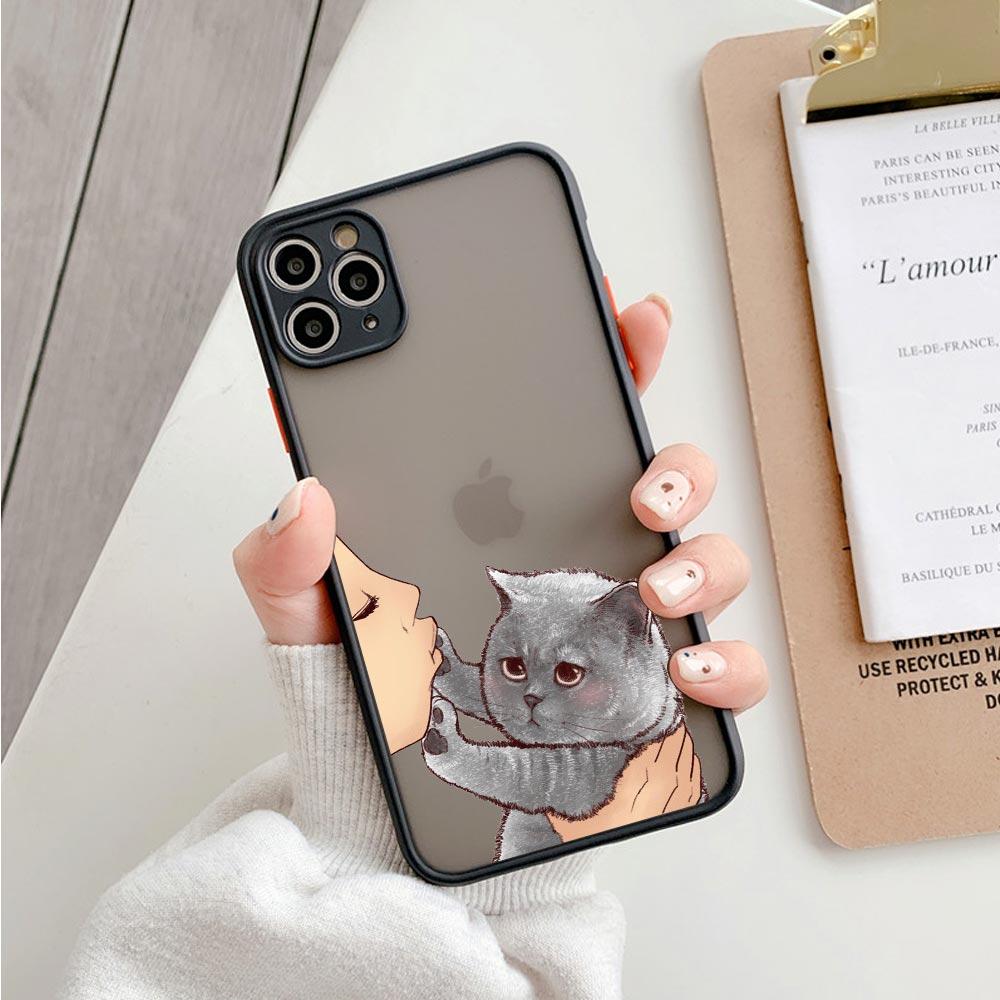 Cute Shockproof Translucent Matte Phone Case For Iphone 11 12 13 Pro Max Mini 7 Plus XR X S Cover Lovely Cat Kiss Refuse To Kiss