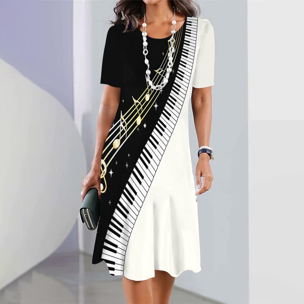 Black and White Music Note Print 2026 Summer New Women's Dress Elegant Dress Women's Fashion Women's Dress